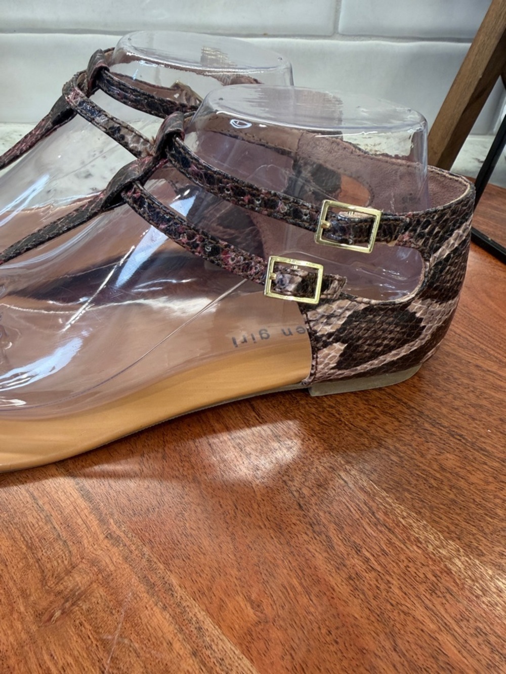 Madden Girl Brown Snake-Print T-Strap Sandals with Gold Toe Accent - Picture 4 of 7
